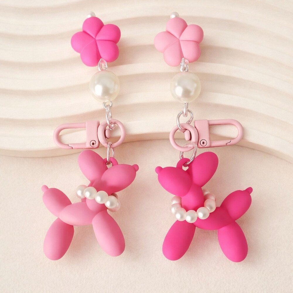 💕Set of 2 Pink Balloon Dog Bag Charms Pearl Keychains Purse Accessories Kawaii